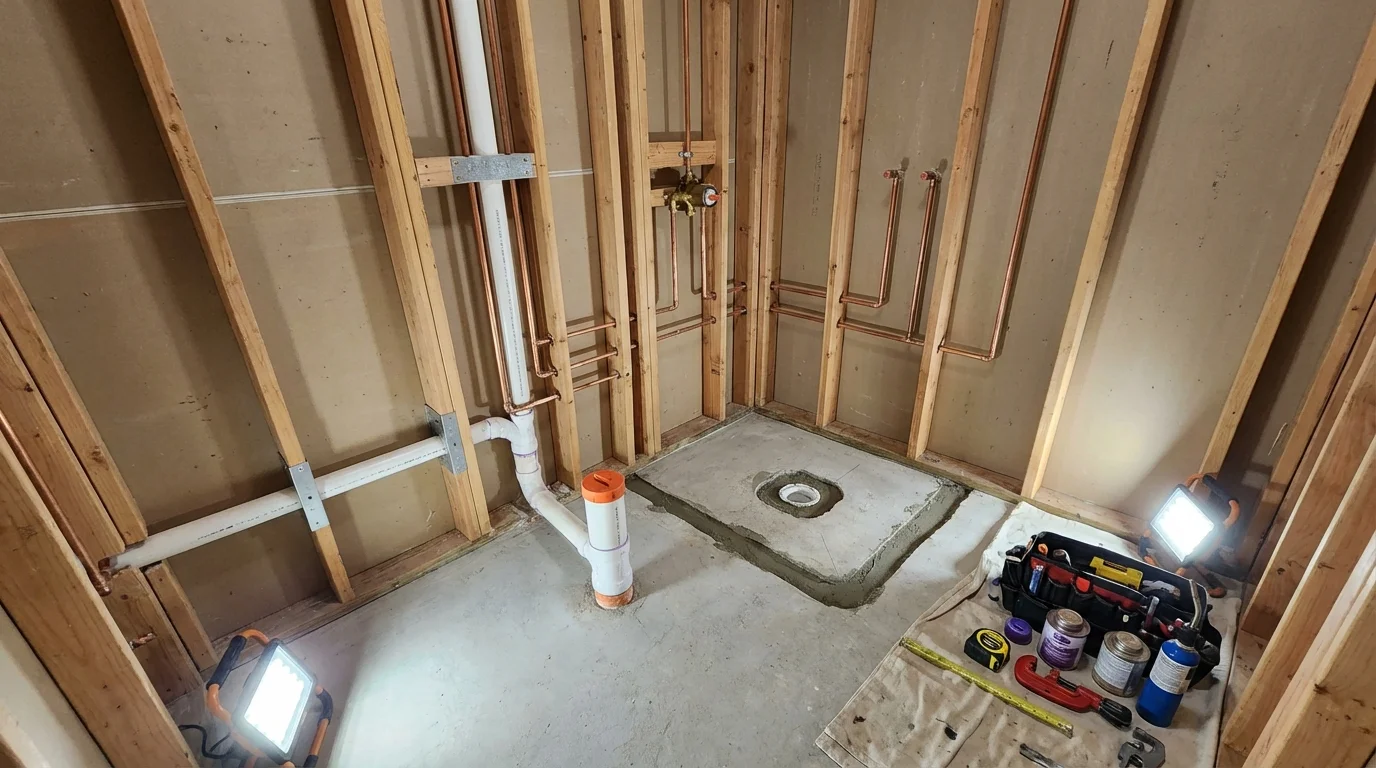 Bathroom rough-in plumbing during remodel by Johns Plumbing LLC in Hansville