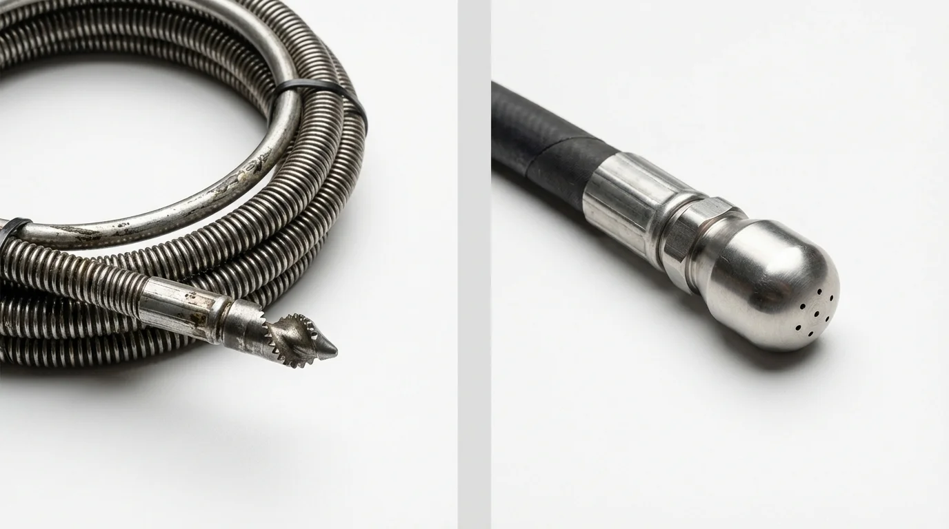 Drain snake cable and hydro jetting nozzle used for drain cleaning in Hansville, WA