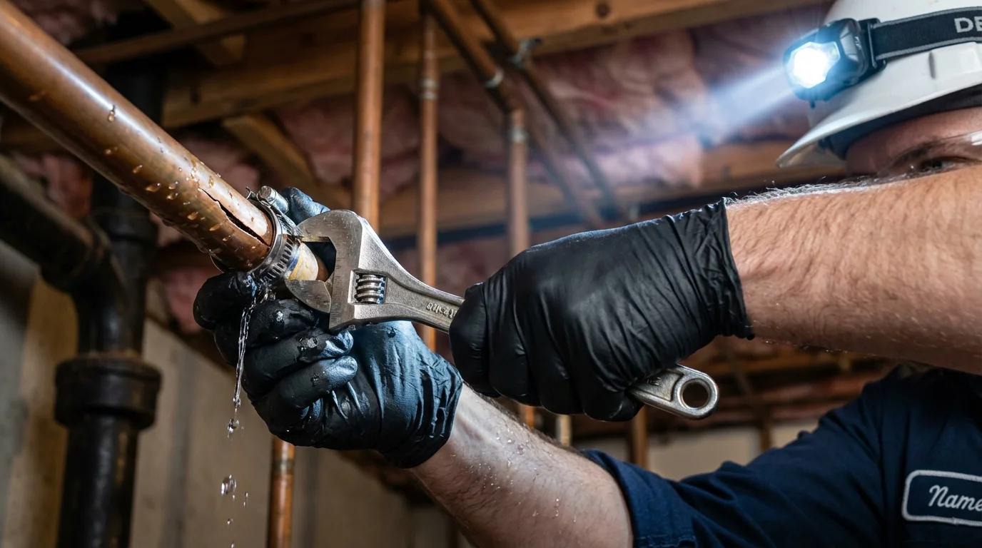 Emergency pipe clamp repair being performed by a Johns Plumbing LLC plumber in Hansville