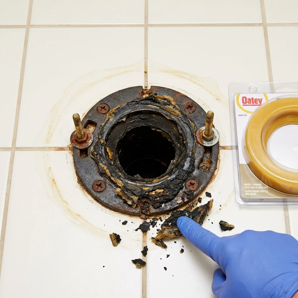 Failed wax ring showing water seepage at the base of a toilet in a Hansville, WA home