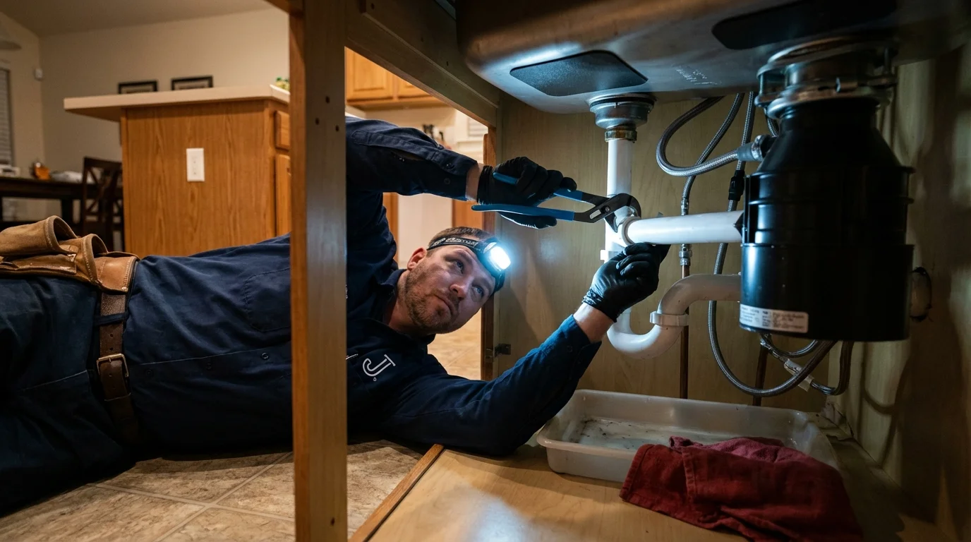 P-trap and supply line connections under a kitchen sink showing a common leak point in Hansville, WA